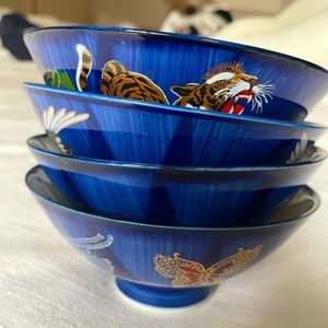 Set of 4 Vintage Japanese Porcelain Rice Bowls Blue Kozan Gama from Kozan Kiln